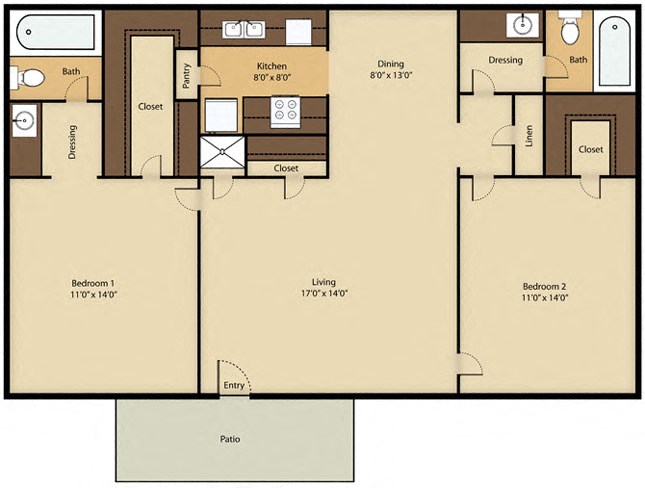 Floor plan for 2 beds, 2 baths, 1013 sqft